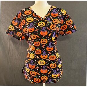 Cassandra O Halloween Pumpkin Witch Hat Scrub Top Mock Wrap Black Orange Medium